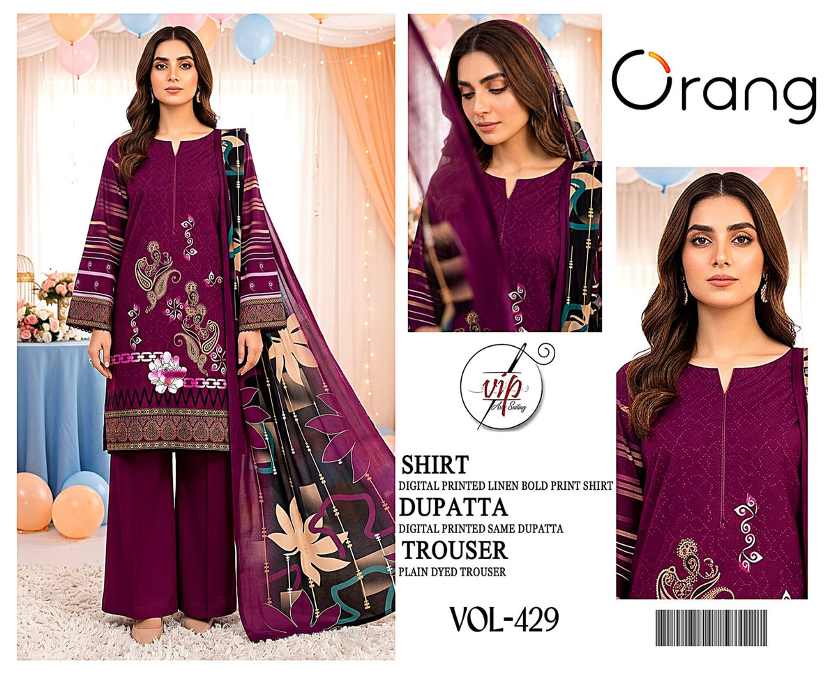 Orang Luxury 3-Piece Digital Printed Linen Suit (VOL-429)