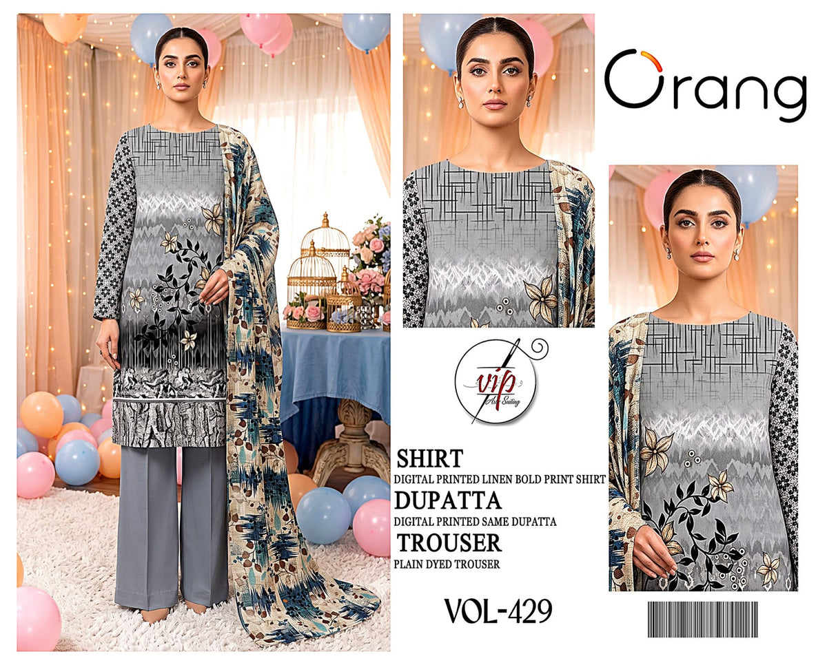 Orang Luxury 3-Piece Digital Printed Linen Suit (VOL-429)